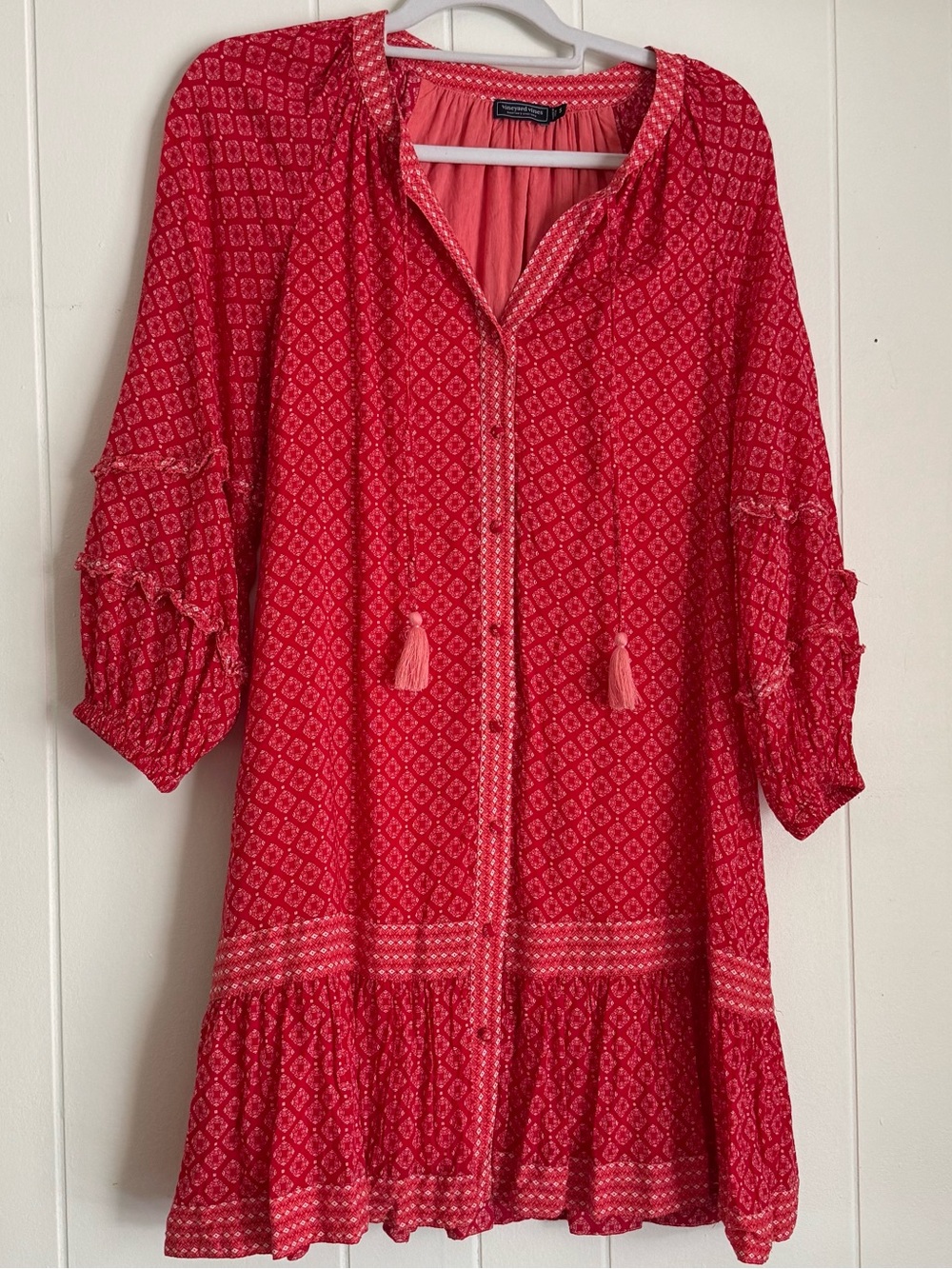Vineyard Vines Chelsea Geo Tile Dress Red Boho Tassel Lined Size Small - Picture 2 of 6